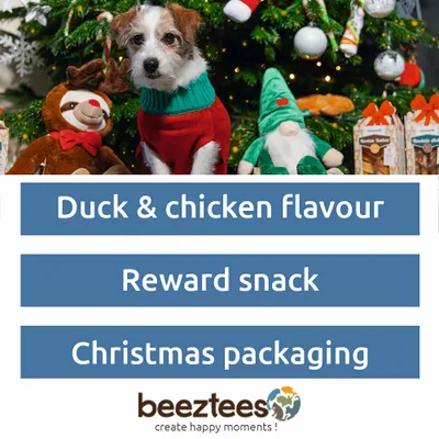 beeztees. Duck & chicken flavour, reward snack, Christmas packaging. beeztees. Duck & chicken flavour, reward snack, Christmas packaging.