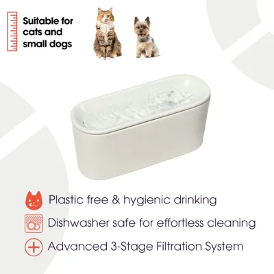 Egnet til katte og små hunde. Plastfri, hygiejnisk drikning, tåler opvaskemaskine, avanceret 3-trins filtersystem.