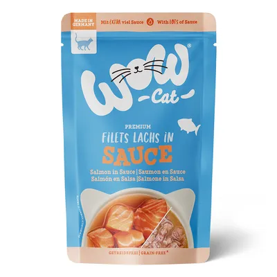 WOW Cat Premium Filék Lazac szószban, gabonamentes, Németországban készült, extra sok szósszal. Lazacfilé szószban ábrázolva.