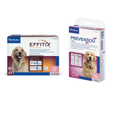 Pack de Virbac PREVENDOG collar para perros grandes y EFFITIX solución spot-on para perros medianos, con símbolo de porcentaje indicando oferta o descuento visible.