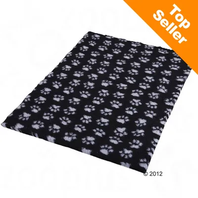 Zwart fleece dierenkleed met witte pootafdrukken, rechthoekig. Oranje hoeklabel met tekst: Top Seller. Zwart fleece dierenkleed met witte pootafdrukken, rechthoekig. Oranje hoeklabel met tekst: Top Seller.