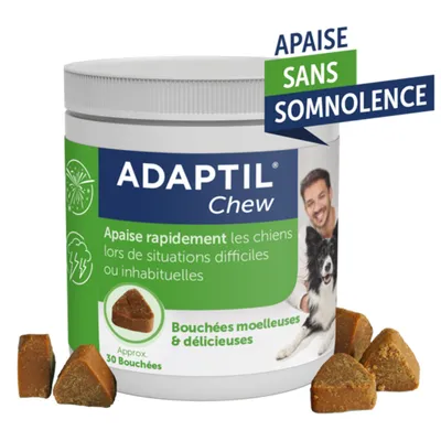 ADAPTIL Chew, pot de bouchées moelleuses pour chiens. Texte visible : Apaise rapidement les chiens lors de situations difficiles ou inhabituelles, environ 30 bouchées, apaise sans somnolence. ADAPTIL Chew, pot de bouchées moelleuses pour chiens. Texte visible : Apaise rapidement les chiens lors de situations difficiles ou inhabituelles, environ 30 bouchées, apaise sans somnolence.