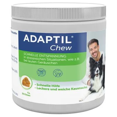 ADAPTIL Chew, snelle ontspanning in stressrijke situaties zoals bij harde geluiden, ca. 30 chews, snelle hulp, lekkere en zachte kauwsnacks. Tekst deels in het Duits.