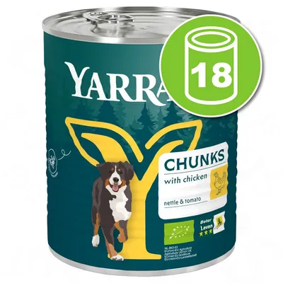 YARRA Chunks with chicken, nettle & tomato, lot de 18 boîtes. Certificat bio NL-BIO-01 et label Beter Leven visible sur l’emballage. YARRA Chunks with chicken, nettle & tomato, lot de 18 boîtes. Certificat bio NL-BIO-01 et label Beter Leven visible sur l’emballage.