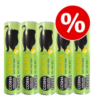 5 rør Cosma Pure Love Snackies Chicken, gently freeze-dried, 100% pure meat. Stor rød procenttegn indikerer tilbud eller rabat.