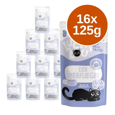 Lucky Lou Der Überflieger, 16×125g kapsiček pro kočky. Text: 96% meat!, sterilized, made in Germany!, grain free, no added sugar.