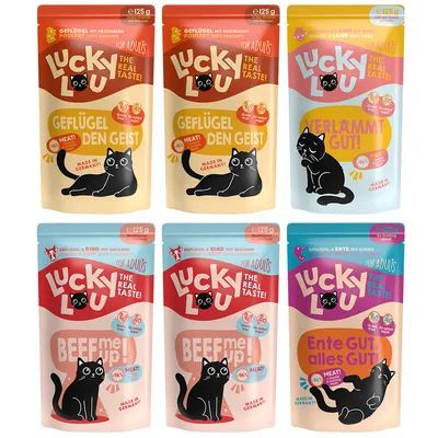 Sachets Lucky Lou pour chats adultes, 125 g, variantes visibles : Geflügel den Geist, Verdammt gut!, Beef me up!, Ente gut, alles gut! Texte en anglais et allemand. Made in Germany.