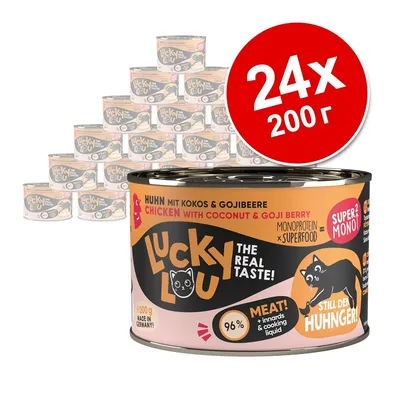 24 консерви по 200 г Lucky Lou Chicken with Coconut & Goji Berry, надпис: 96 % meat, Super Mono, Monoprotein x Superfood, The Real Taste, Made in Germany.