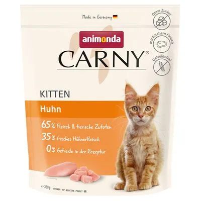 animonda Carny Kitten Huhn, 65% Fleisch & tierische Zutaten, 35% frisches Hühnerfleisch, 0% Getreide in der Rezeptur, zonder suiker, met vers vlees, graanvrij, 250g verpakking zichtbaar.