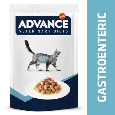 Pachet Advance Veterinary Diets Gastroenteric pentru pisici, imagine cu pisică și bol cu hrană umedă pe farfurie. Text vizibil: affinity, GASTROENTERIC. Pachet Advance Veterinary Diets Gastroenteric pentru pisici, imagine cu pisică și bol cu hrană umedă pe farfurie. Text vizibil: affinity, GASTROENTERIC.