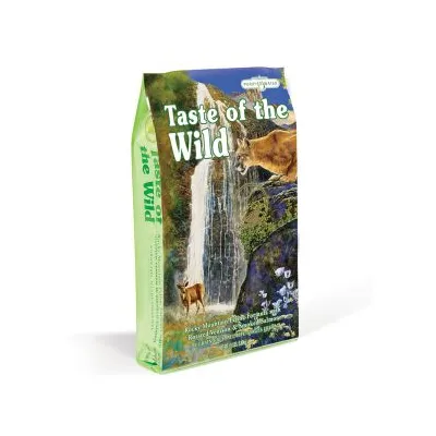 Opakowanie Taste of the Wild z widoczną nazwą marki i grafiką wodospadu, pumy oraz jelenia. Widoczny tekst: Taste of the Wild. Pozostałe szczegóły tekstu nieczytelne.