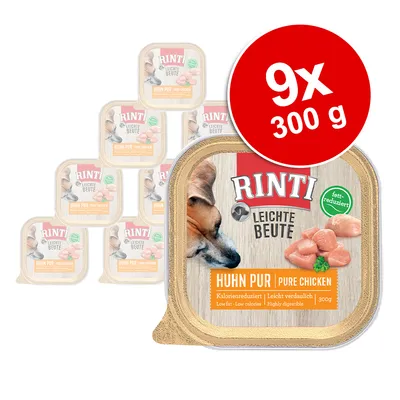 Pachet 9 x 300 g Rinti Leichte Beute Huhn Pur, text vizibil: fett-reduziert, Kalorienreduziert, Leicht verdaulich, Pure Chicken, imagine cu bucăți de carne și un câine pe ambalaj.
