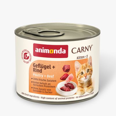 Animonda Carny Kitten govedina in puran, 12x 200g. 100 % sveže sestavine, brez žit in sladkorja, s tavrinom.