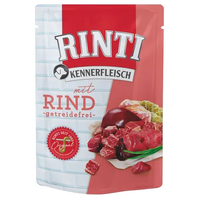 RINTI Kennerfleisch mit Rind, getreidefrei. Billede af oksekød og indmad på emballagen. Tekst: RINTI SEIT 1983 Original.