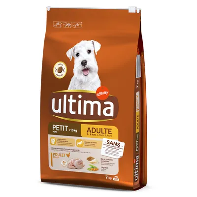 Ultima Mini Adult ração para cães com menos de 10 kg, 1-8 anos. Sabor: frango. Sem corantes, conservantes artificiais ou adição de açúcar. Embalagem: 7 kg.
