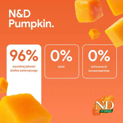 N&D Pumpkin. 96% wysokiej jakości białka zwierzęcego, 0% zboż, 0% sztucznych konserwantów.