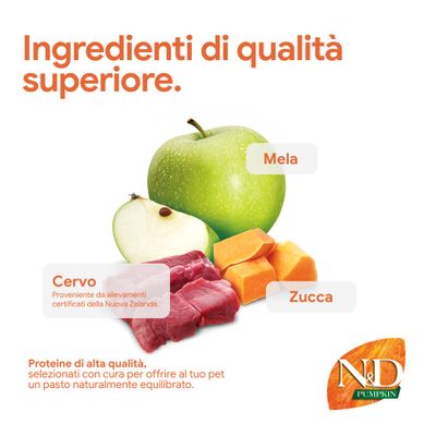N&D Pumpkin. Componenti: mela, zucca, cervo (cervo della Nuova Zelanda). Proteine di alta qualità per pasti equilibrati.