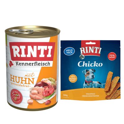Kombi-Paket RINTI Kennerfleisch + RINTI Chicko Hundesnacks Kennerfleisch Huhn 12 x 400 g + Chicko Huhn 2 x 500 g
