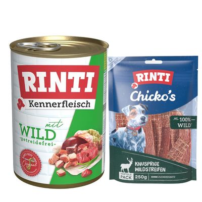 RINTI Kennerfleisch mit Rind, getreidefrei. RINTI Chicko herzhafte Rindstreifen, 170g, 100% Rind. Orangefarbener Kreis mit Text 'Jetzt testen!'.