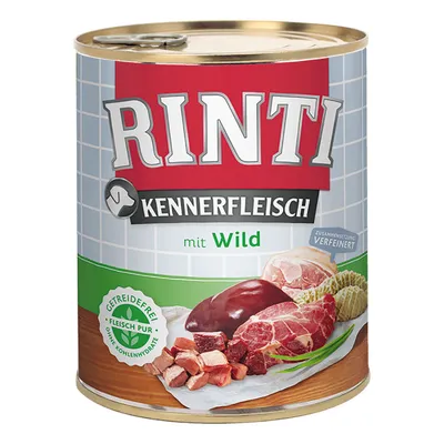 RINTI Kennerfleisch mit Wild dåse. Synlig tekst: Getreidefrei, Fleisch pur, ohne Kohlenhydrate, Zusammensetzung verfeinert. Billede af kød og grøntsager på etiketten.