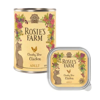 Rosie's Farm Chunky Stew Chicken ADULT cat food, tin and tray packaging with floral border, chicken icon, and illustrated cat. Text: Rosie's Farm, Chunky Stew Chicken, ADULT. Rosie's Farm Chunky Stew Chicken ADULT cat food, tin and tray packaging with floral border, chicken icon, and illustrated cat. Text: Rosie's Farm, Chunky Stew Chicken, ADULT.