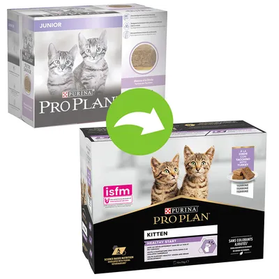 Cambio confezione Purina Pro Plan per gattini: vecchio design 'Junior' e nuovo design 'Kitten Healthy Start', entrambi con immagini di due gattini e testo visibile su tacchino. Cambio confezione Purina Pro Plan per gattini: vecchio design 'Junior' e nuovo design 'Kitten Healthy Start', entrambi con immagini di due gattini e testo visibile su tacchino.