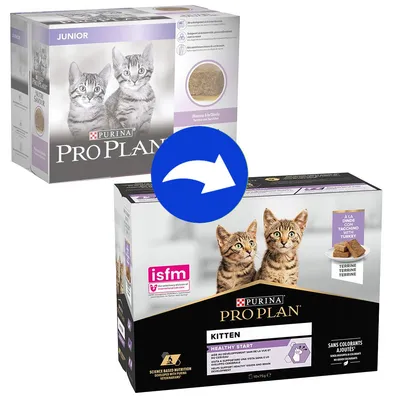 Cambio confezione Purina Pro Plan per gattini: vecchio design 'Junior' e nuovo design 'Kitten Healthy Start', entrambi con immagini di due gattini e testo visibile sulle scatole.