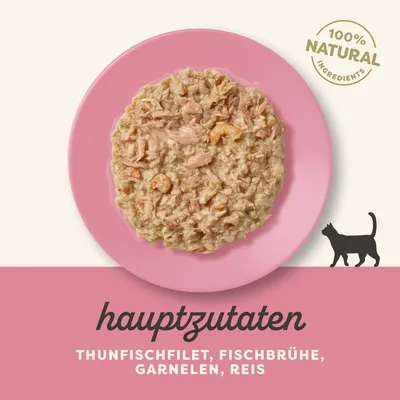 Hauptzutaten: Thunfischfilet, Fischbrühe, Garnelen, Reis. 100% natürliche Zutaten. Silhouette einer Katze sichtbar.