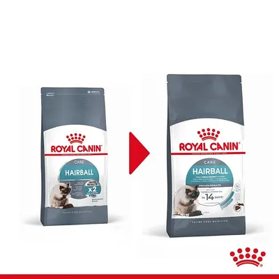 Две опаковки Royal Canin Hairball Care за котки, показващи промяна в дизайна. Видими надписи: 'PROVEN RESULTS x2' и 'IN 14 DAYS'. Изображение на котка отпред.