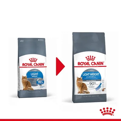 Две опаковки Royal Canin Care Light Weight за котки, показващи промяна в дизайна. Видим текст: 'PROVEN RESULTS – 90%'. Изображение на котка върху двете опаковки.