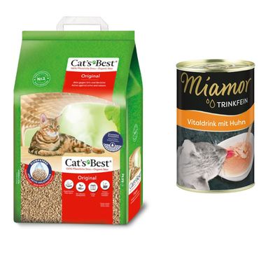 Opakowanie żwirku Cat's Best Original 21,1 kg, widoczny kot, tekst: 100% Pflanzliche Streu – Organic litter, Original, Klumpstreu, Premium Quality Made in Germany, symbole cech produktu.