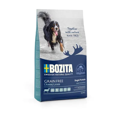 BOZITA SWEDISH NATURAL QUALITY Grain Free med lam, Single Protein Adult Sensitive, 3,5 kg. Tekst: Together with nature since 1903. CMO free, 23 % protein, 12 % fedt, single protein.