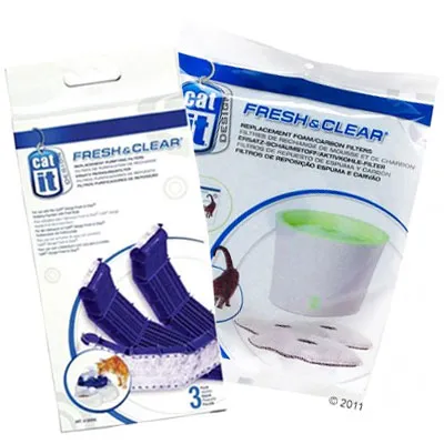 Replacement foam and carbon filters for water fountains, showing product packaging with images of filter cartridges and filter pads.