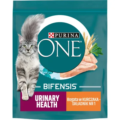 Purina ONE Bifensis Urinary Health, bogata w kurczaka – składnik nr 1. Opakowanie z wizerunkiem kota i kawałków mięsa.