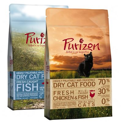 Purizon droog kattenvoer, zichtbare varianten: Fresh Chicken & Fish en Fresh-Caught Fish. Tekst op verpakking: 70% vlees & vis, 30% groenten, 0% granen, 2,5 kg.