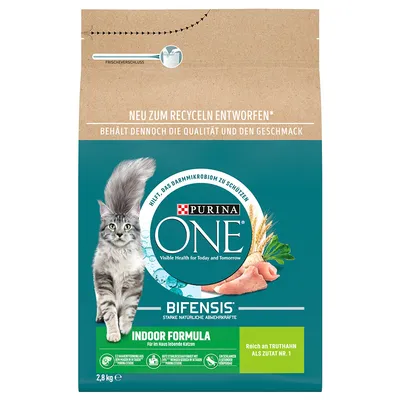 Obal krmiva pro kočky Purina ONE Bifensis Indoor Formula, 2,8 kg. Viditelný text: Reich an Truthahn als Zutat Nr. 1, hilft das Darmmikrobiom zu schützen, für im Haus lebende Katzen.