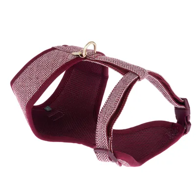 Harnais pour chien en tissu bordeaux à motif chevrons, boucle de fermeture plastique, anneau métallique doré pour laisse, taille L visible sur l’étiquette intérieure.