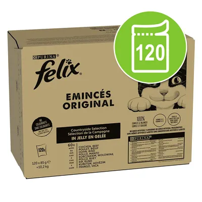 Purina Felix Emincés Original Countryside Selection v želé, 120x85g. Bez barviv, 100% vyvážené, s kuřecím a hovězím. Hmotnost balení: 10,2kg.