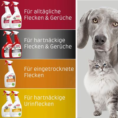 Nature's Miracle produits de nettoyage : pour les taches et odeurs du quotidien, les taches et odeurs tenaces, les taches incrustées, les taches d'urine tenaces.