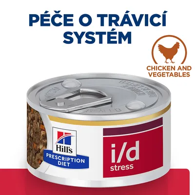 Konzerva Hill's Prescription Diet i/d stress, nápis Péče o trávící systém, Chicken and Vegetables. Viditeľné logo značky a časť obsahu s kúskami zeleniny. Konzerva Hill's Prescription Diet i/d stress, nápis Péče o trávící systém, Chicken and Vegetables. Viditeľné logo značky a časť obsahu s kúskami zeleniny.