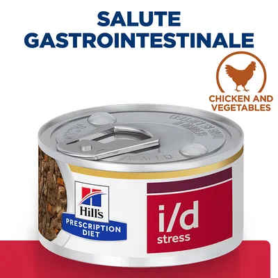 Hill's Prescription Diet i/d stress, salute gastrointestinale, pollo e verdure, lattina di alimento umido con etichetta visibile. Testo in inglese: chicken and vegetables.