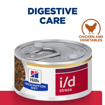 Digestive care food with chicken and vegetables, labelled i/d stress prescription diet. Tin can shown with product name and key features.