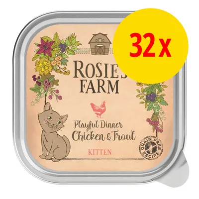 Rosie’s Farm Playful Dinner Chicken & Trout Kitten, recette sans céréales, lot de 32 barquettes. Texte en anglais sur l’emballage.