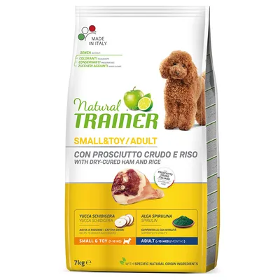 Natural Trainer Small & Toy Adult hundefoder med lufttørret skinke og ris, Made in Italy, uden tilsat sukker, med Yucca Schidigera og spirulina. Pakningsstørrelse: 7 kg.