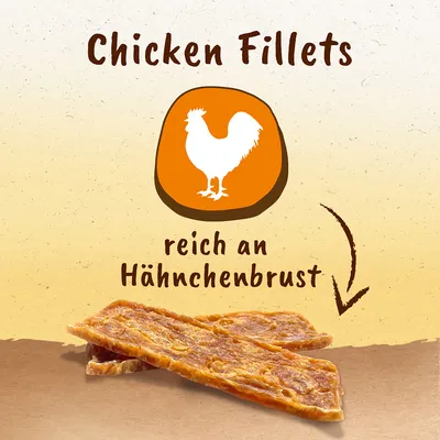 Chicken Fillets, reich an Hähnchenbrust. Deux filets de poulet séchés visibles sur fond beige, texte en anglais et allemand affiché sur l’image.