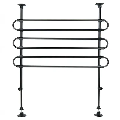 Barrière de séparation en métal noir avec quatre barres horizontales et deux pieds réglables, vue de face. Aucun logo ou texte visible.