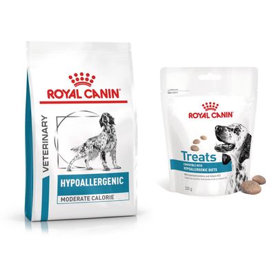 Sac de croquettes Royal Canin Veterinary Hypoallergenic avec image d’un chien et texte visible « HYPOALLERGENIC » sur l’emballage.