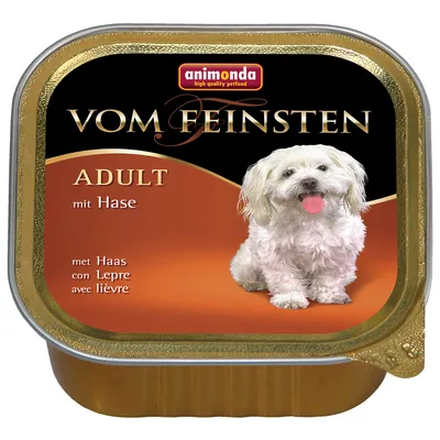 animonda Vom Feinsten ADULT mit Hase, envase de comida húmeda para perros adultos con imagen de perro pequeño blanco en la etiqueta. Texto visible en varios idiomas.