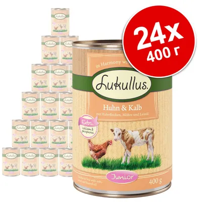 Пакет от 24 консерви Lukullus Huhn & Kalb, всяка по 400 г. Видими са етикети с текст на немски и изображения на пиле и теле. Маркировка: Extra calcium & phosphorus, Junior.