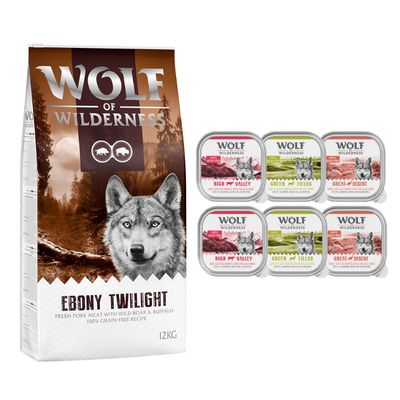 12 kg Wolf of Wilderness hrană uscată câini + 6 x 300 g tăvițe gratis!